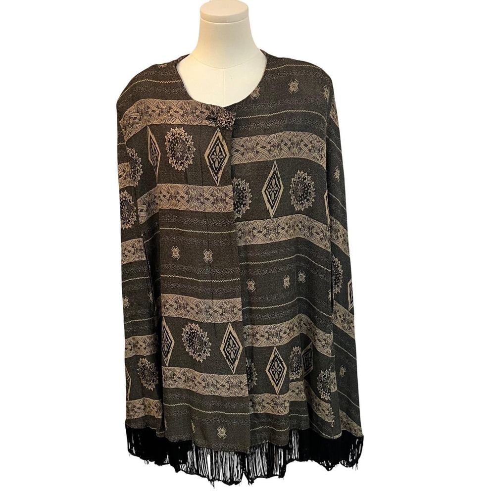 Vintage Gina K Plus Fringe Poncho Cape Southwestern Boho Knit OS